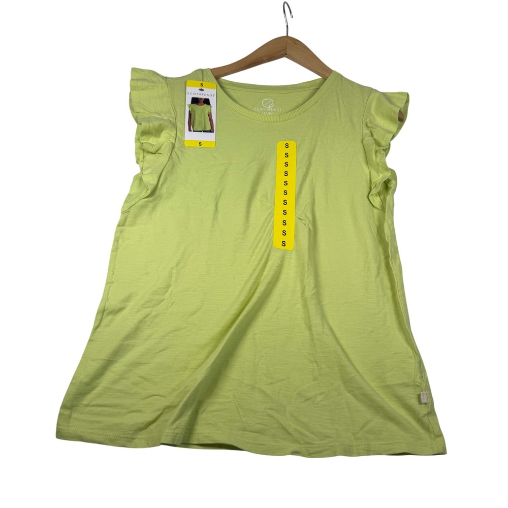 EcoThreads Lime Green Organic Cotton Flutter Ruffle Sleeve Top Small NEW